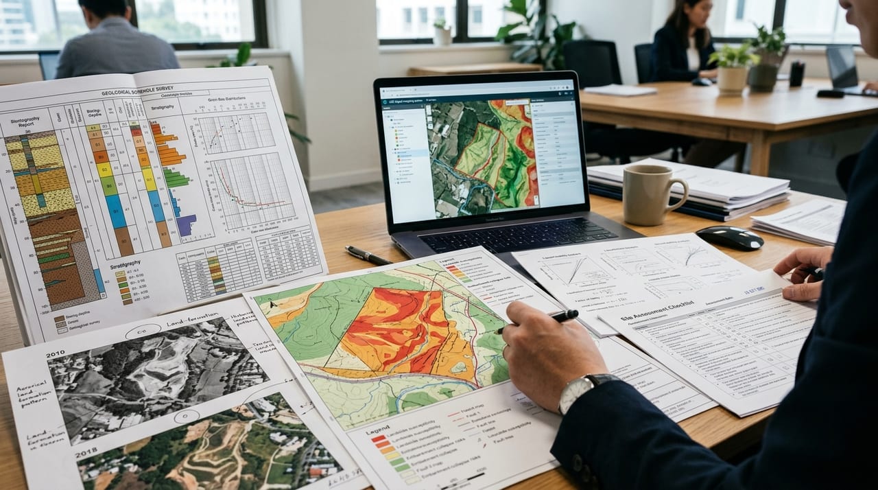 盛土地盤と斜面地のリスク評価に用いられた調査資料と分析